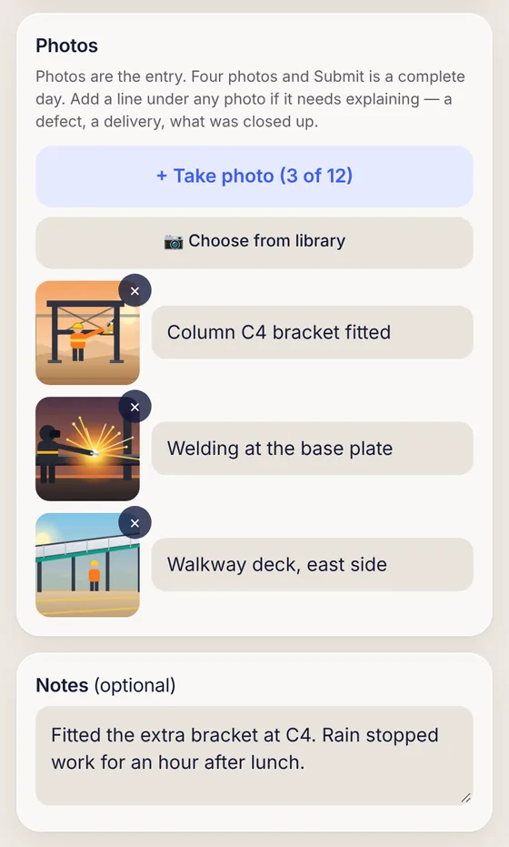 Site diary photos with a caption under each photo, Choose from library and Take photo buttons