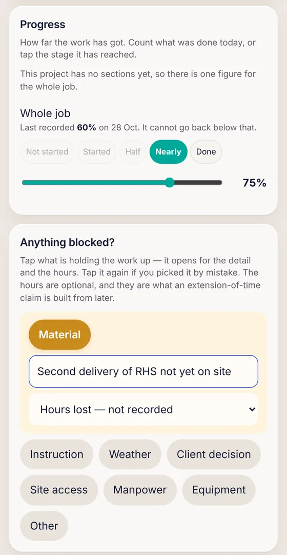 Site diary progress by stage and the Anything blocked chips
