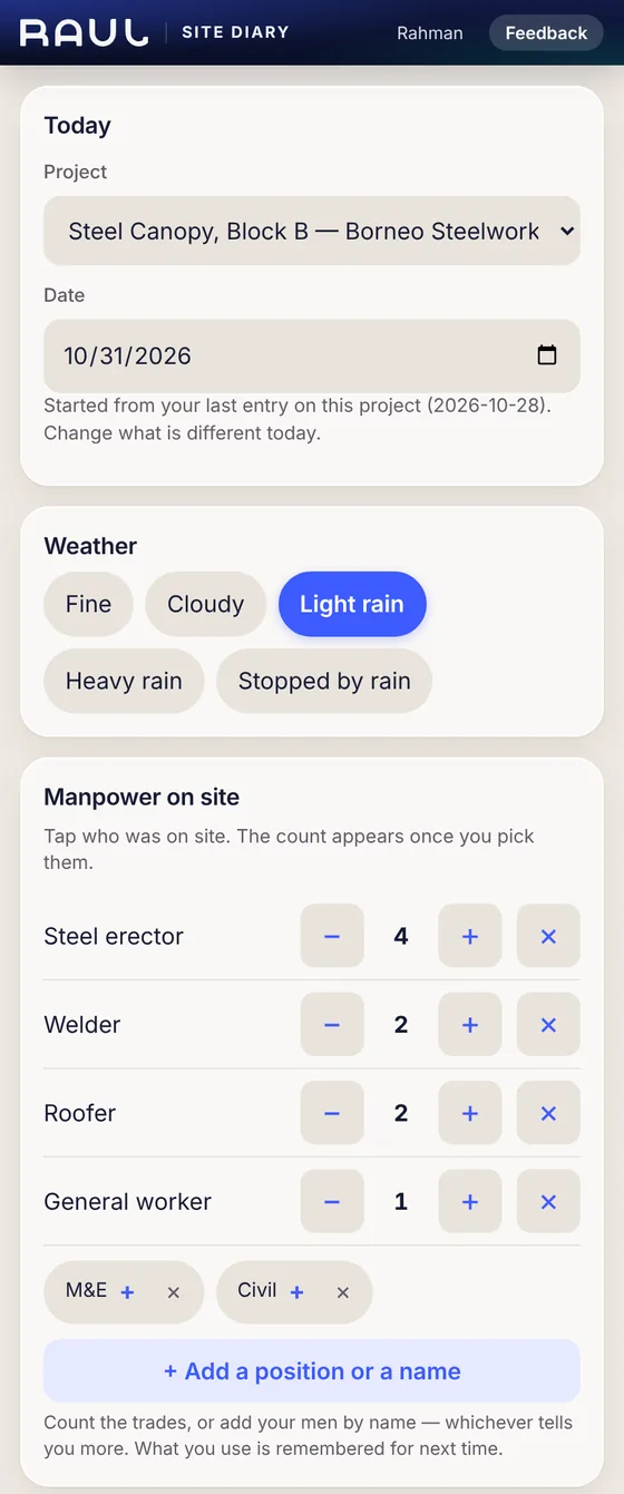 Site diary on a phone: the weather chips Fine, Cloudy, Light rain, Heavy rain and Stopped by rain