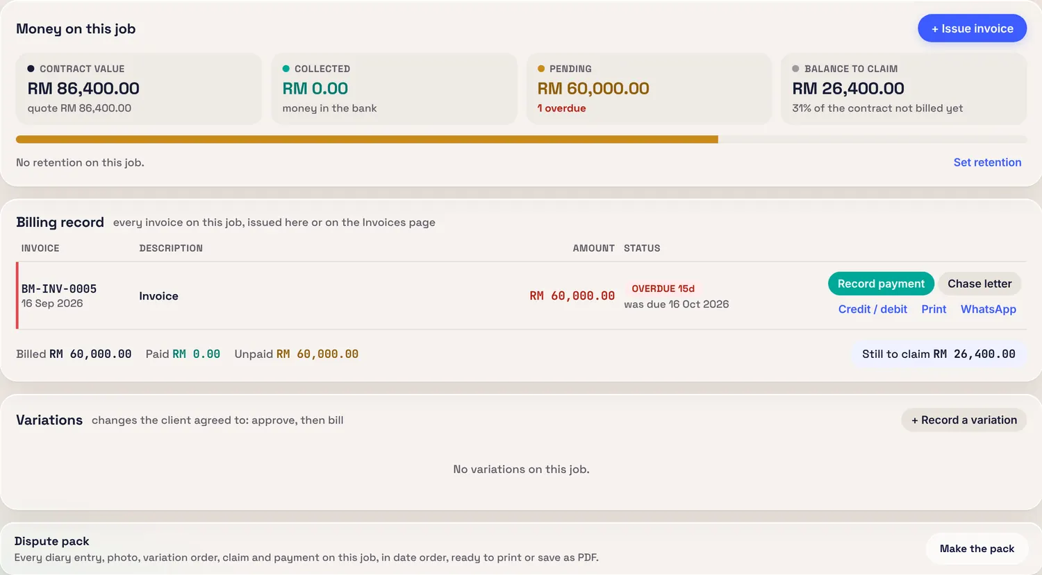 Raul Contract and Payments tab: money on this job, billing record with an overdue invoice and the chase letter button