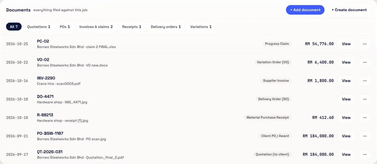 A job Documents tab in Raul: quotations, POs, invoices and claims, receipts, delivery orders and variations filed against the job