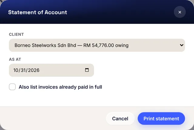 Raul Statement of Account dialog: pick a client and an as at date, then print the statement